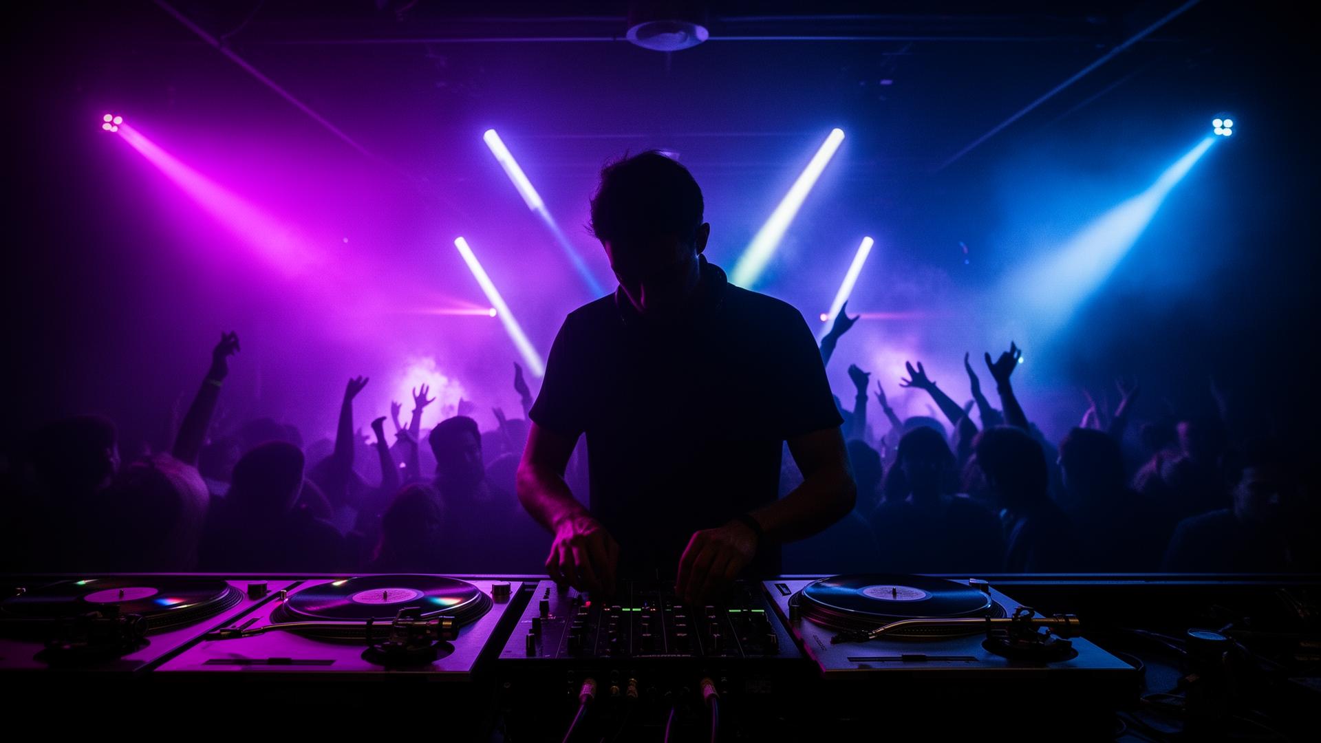 DJ Scott Tonic performing under neon lights
