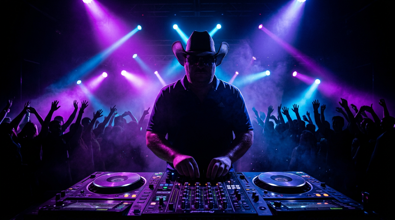 DJ Scott Tonic performing under neon lights